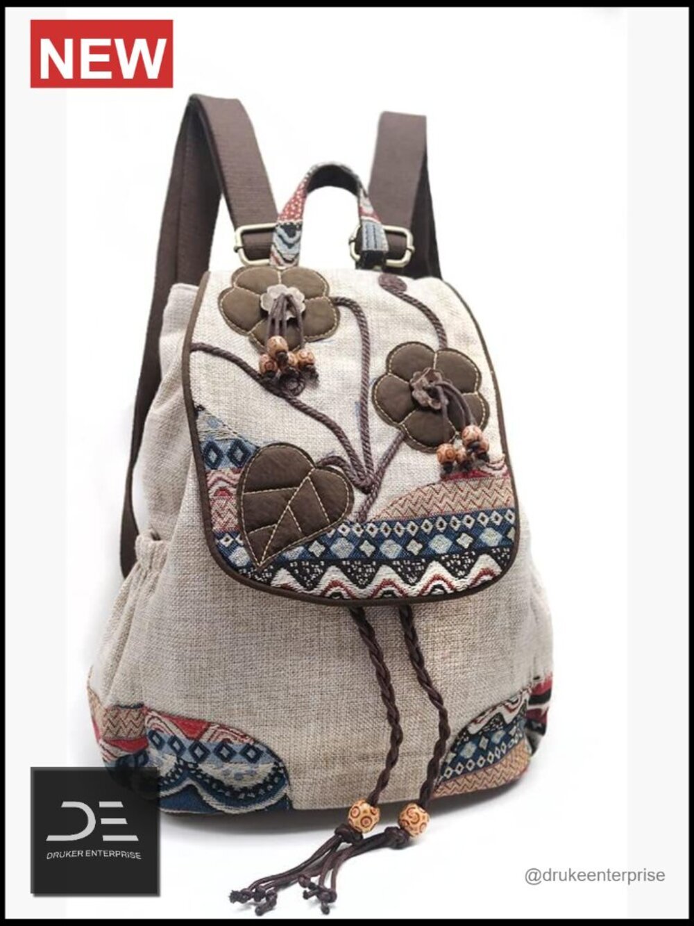 Vintage Boho Drawstring Backpack Purse Hand-Embroidered Canvas Travel Bag